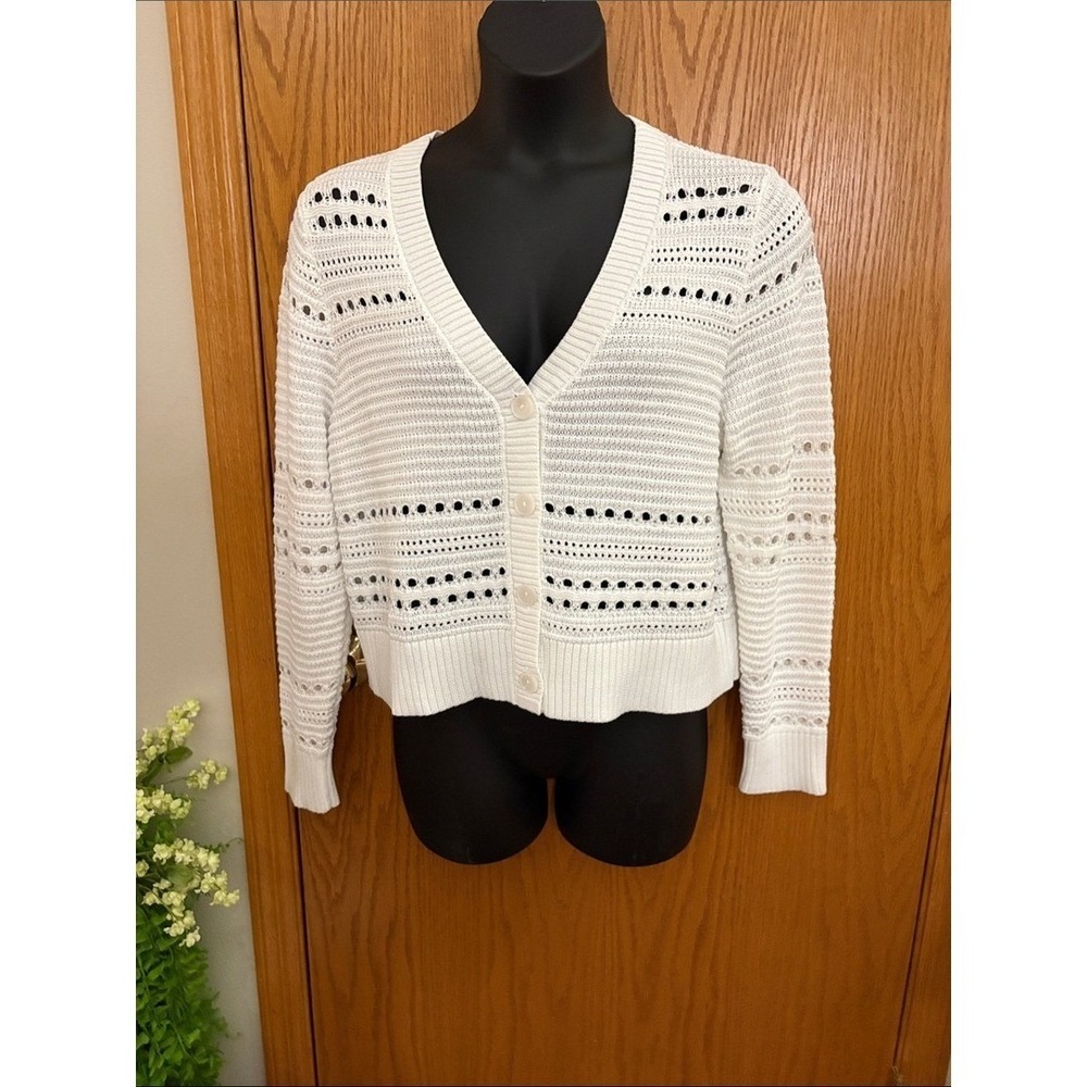 Express White Open-Knit V-Neck Button Cardigan